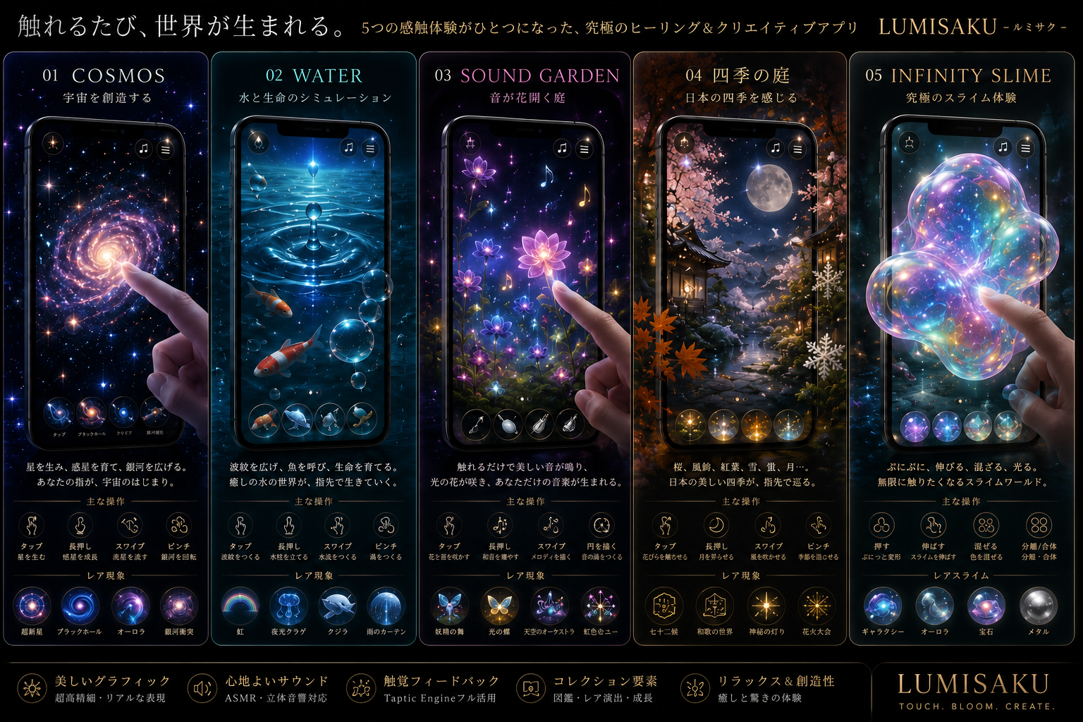 5つのLUMISAKU世界を並べたアプリ画面